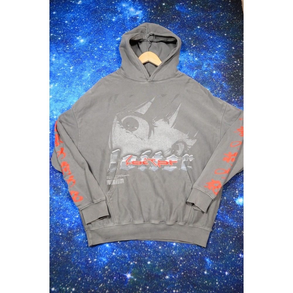 Loiter Anime Samurai Hoodie Mens Large Gray Graphic Pullover Fleece Pocket